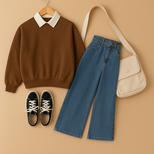 BROWN COLLAR SWEATSHIRT WITH SKY BLUE WIDE LEG JEANS