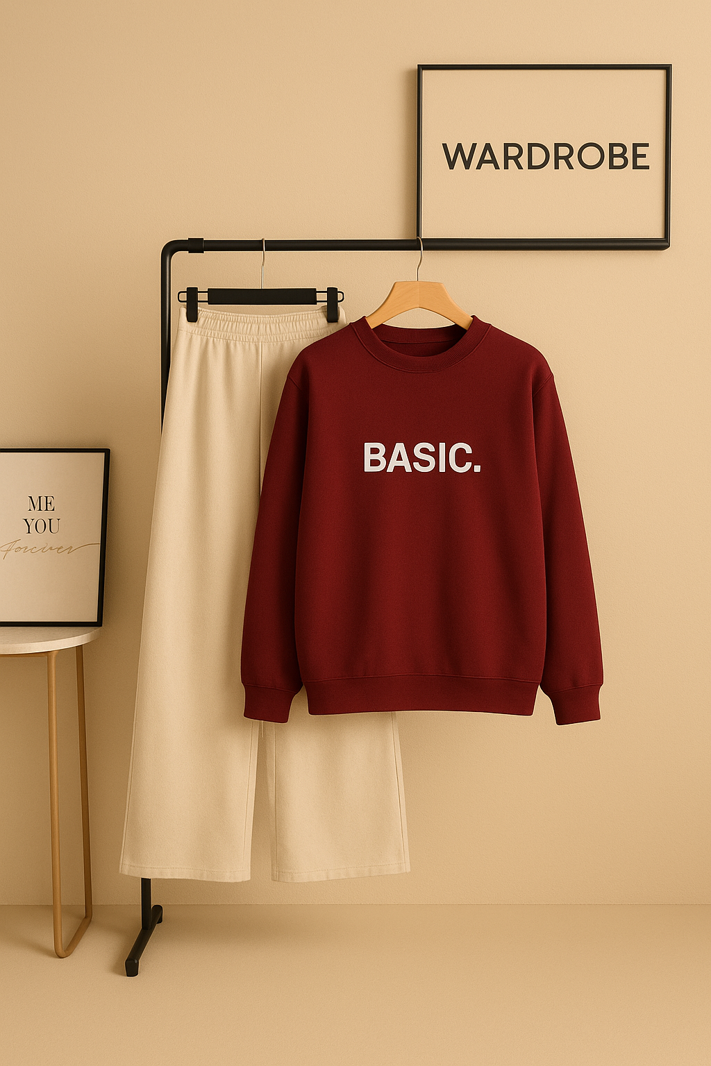 Basic Print Maroon Sweatshirt With Beige Flapper