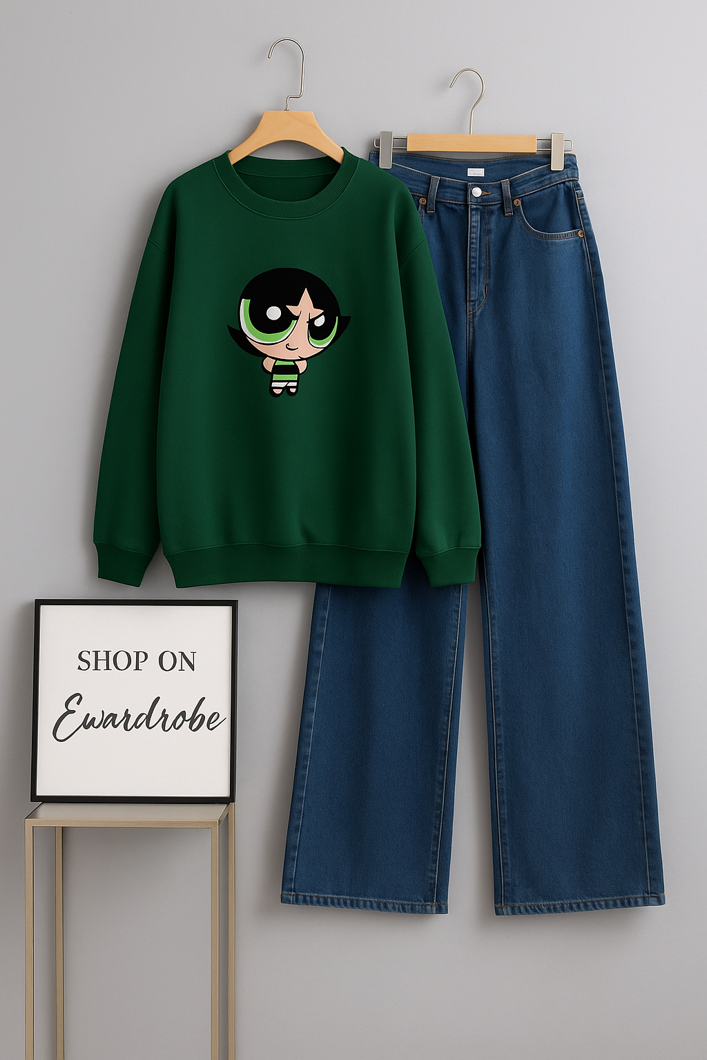 BOTTLE GREEN SWEATSHIRT GREEN BUTTERCUP WITH MID BLUE WIDE LEG