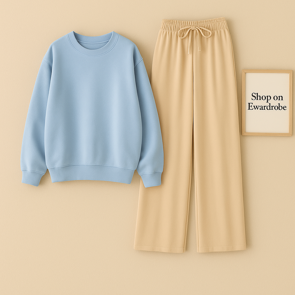 PLAIN SKYBLUE SWEATSHIRT WITH BEIGE FLAPPER