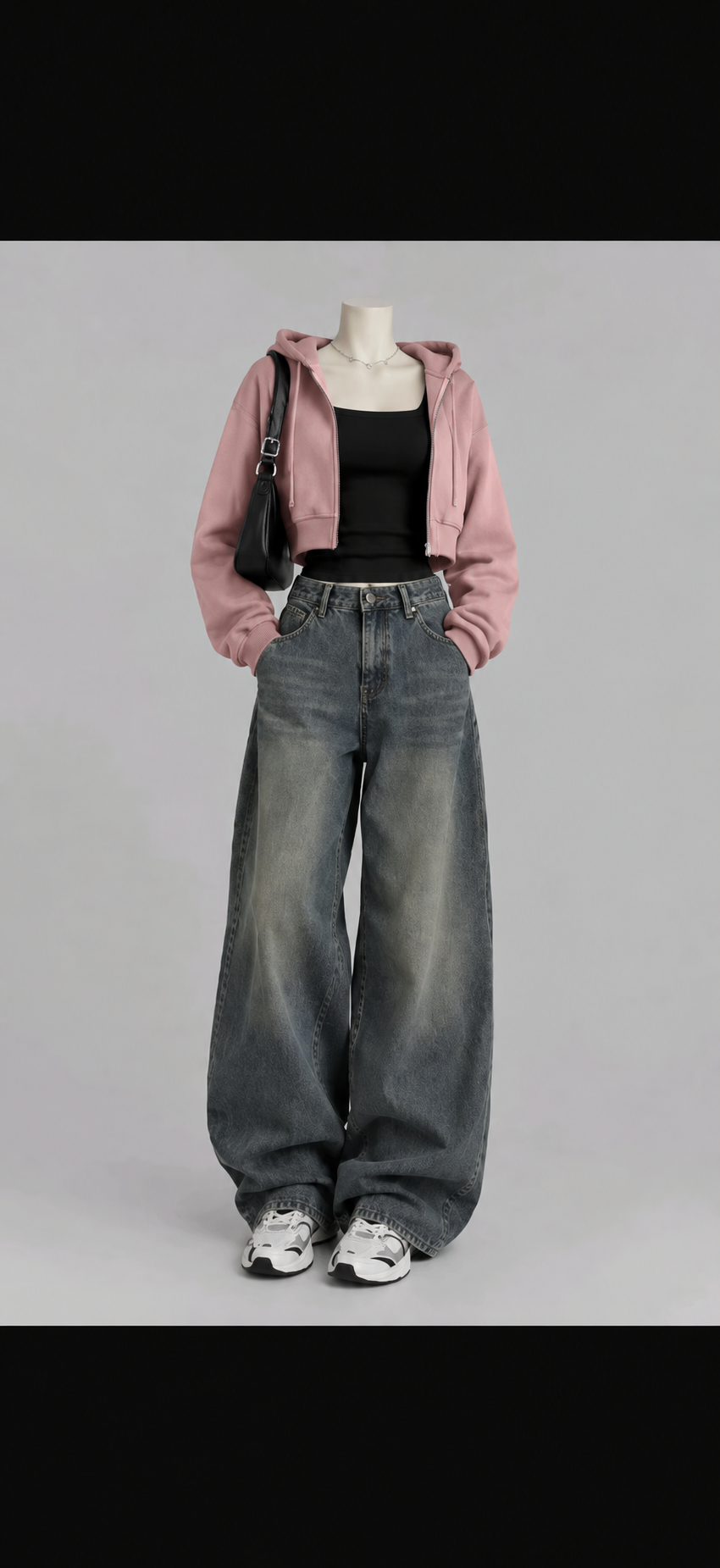 Pink Zipper +Inner with Vintage Dark Blue Wide Leg Jeans