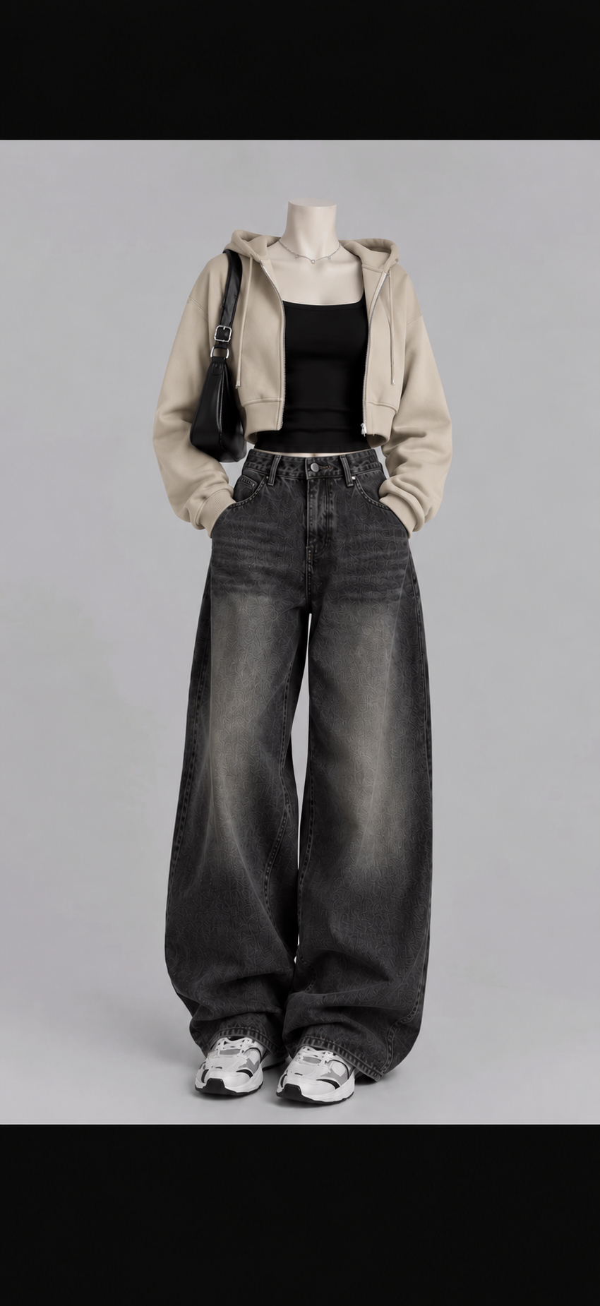 Beige Zipper +Inner with Vintage Black Wide Leg Jeans