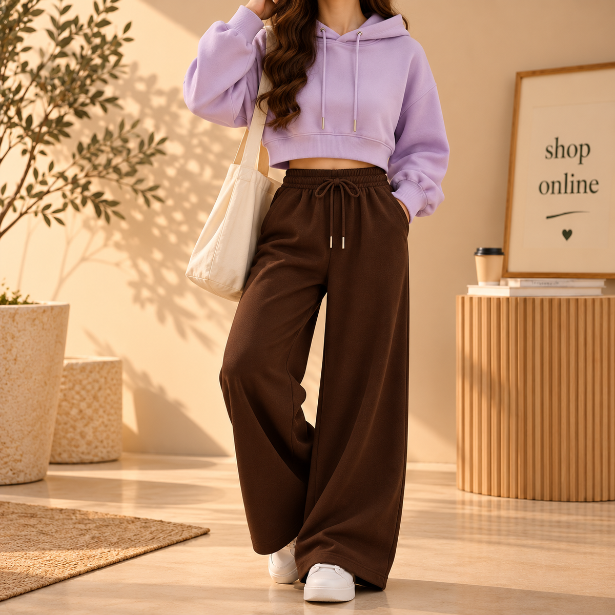 Basic Lilac Crop Hoodie With Brown Flapper