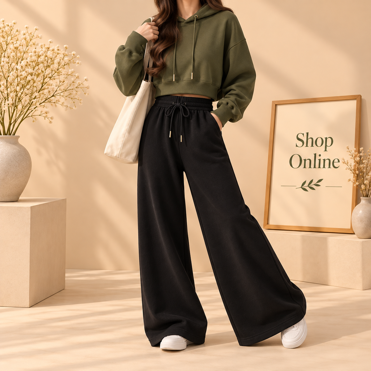 Basic Olive Green Crop Hoodie With Black Flapper