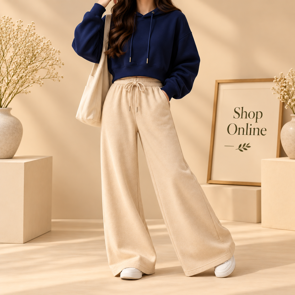 Basic Navy Blue Crop Hoodie With Beige Flapper