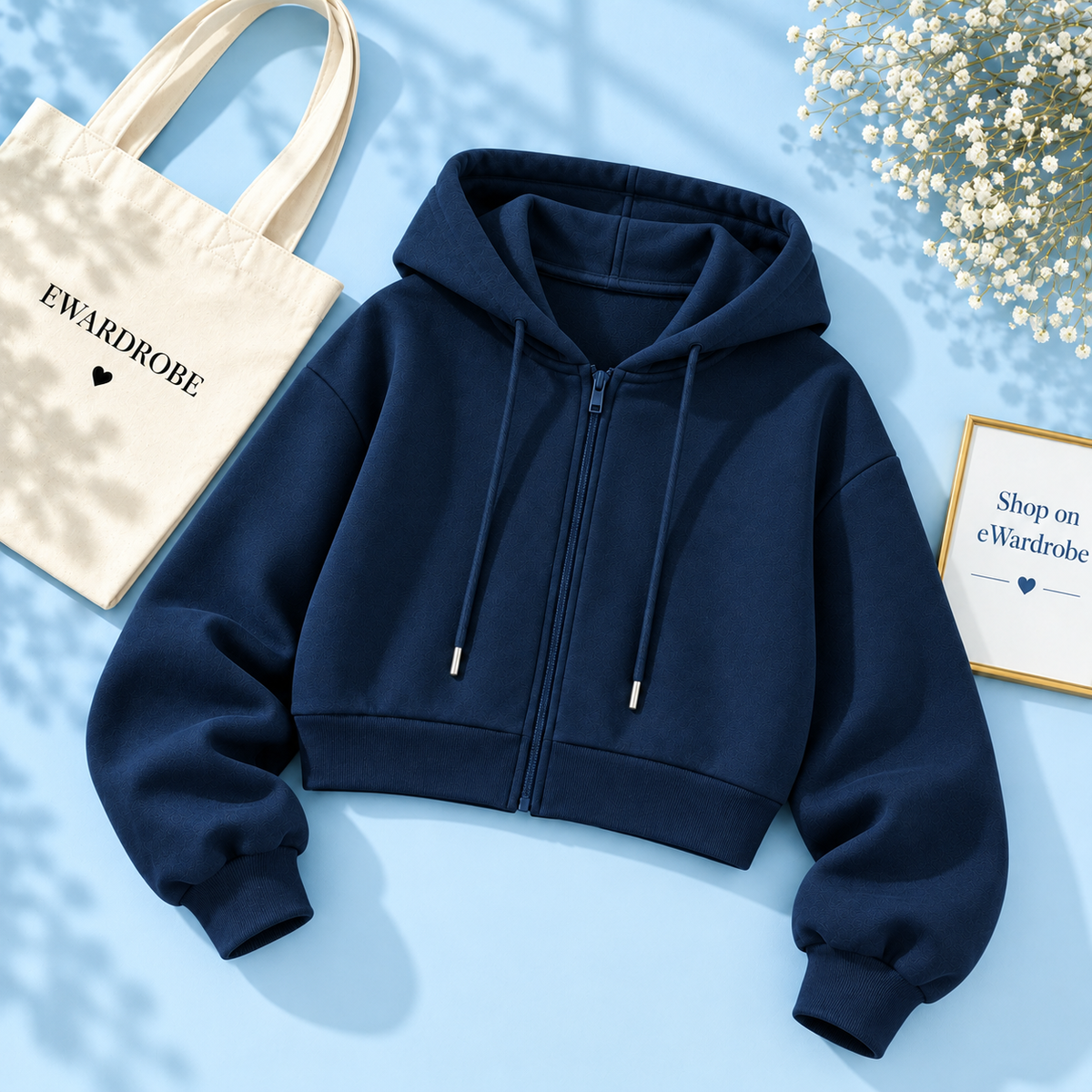 Basic Navy Blue Zipper Crop Hoodie