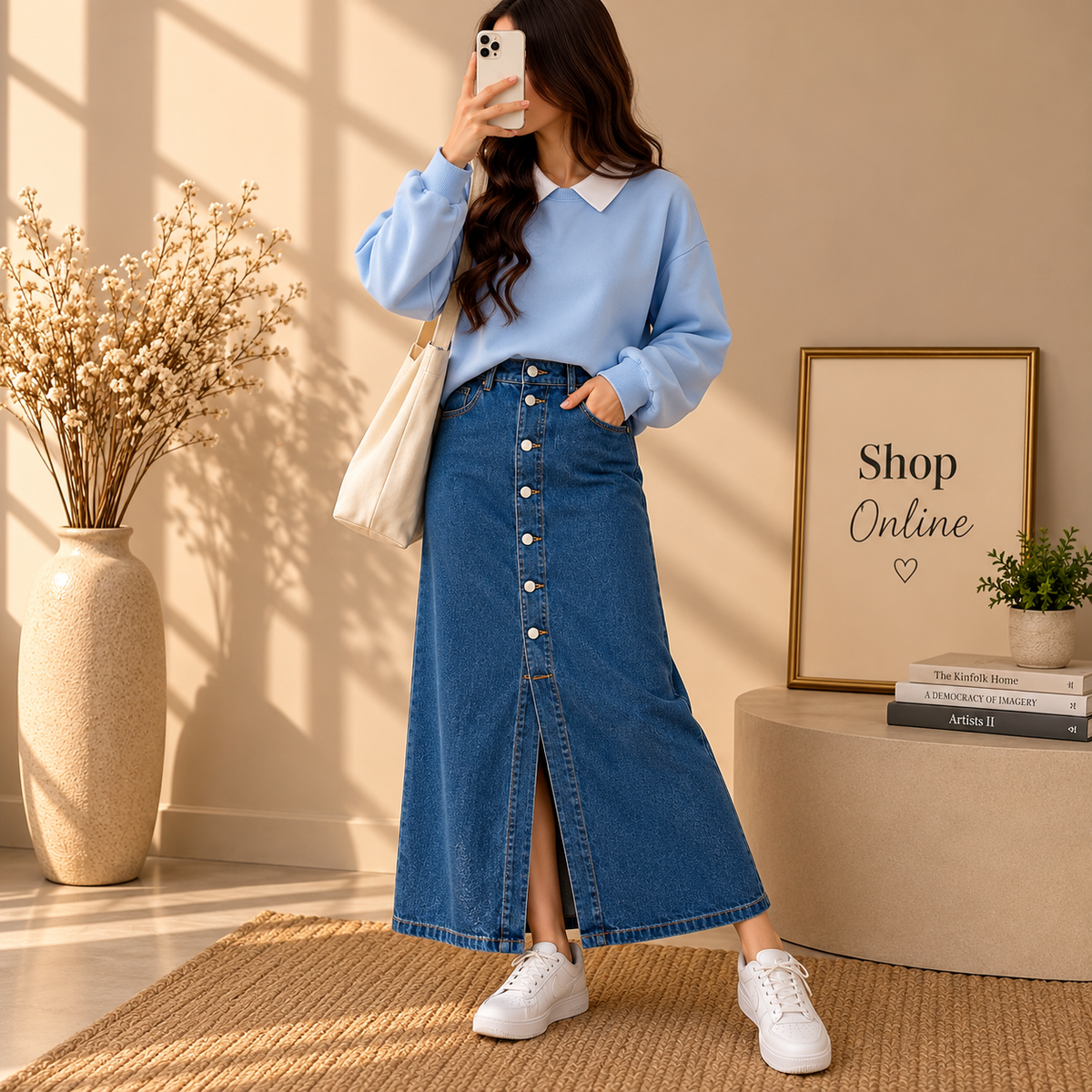 Basic Sky Blue Collar Sweatshirt With Dark Blue Denim Skirt