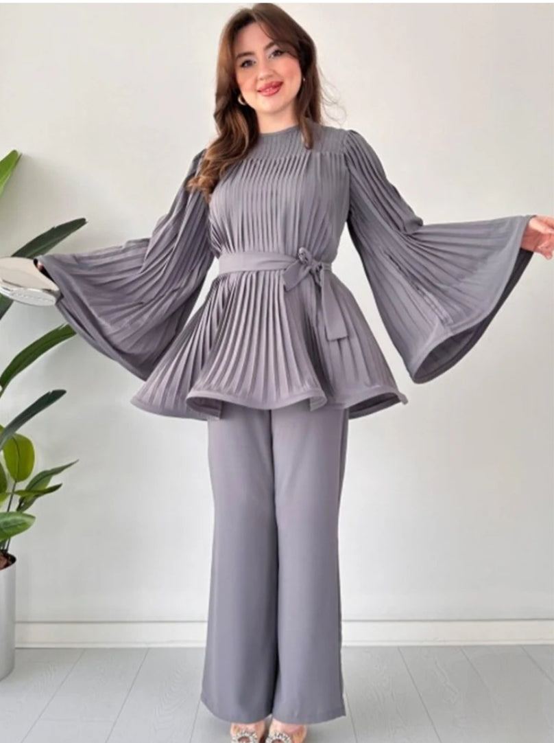 GREY PLEATED FROCK CO ORD SET