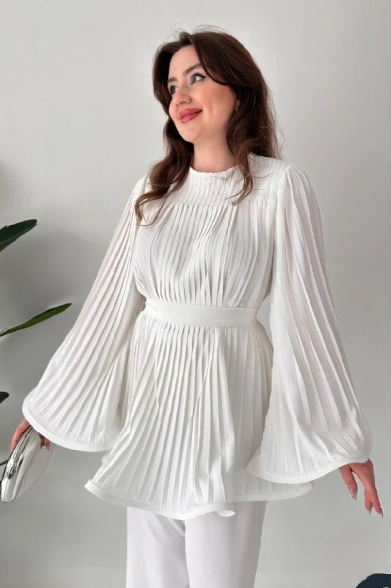 WHITE PLEATED FROCK CO ORD SET