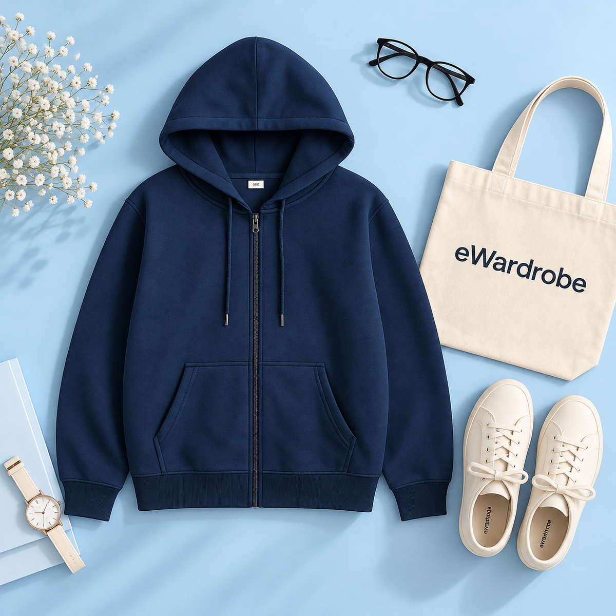 Basic Navy Blue Zipper Hoodie
