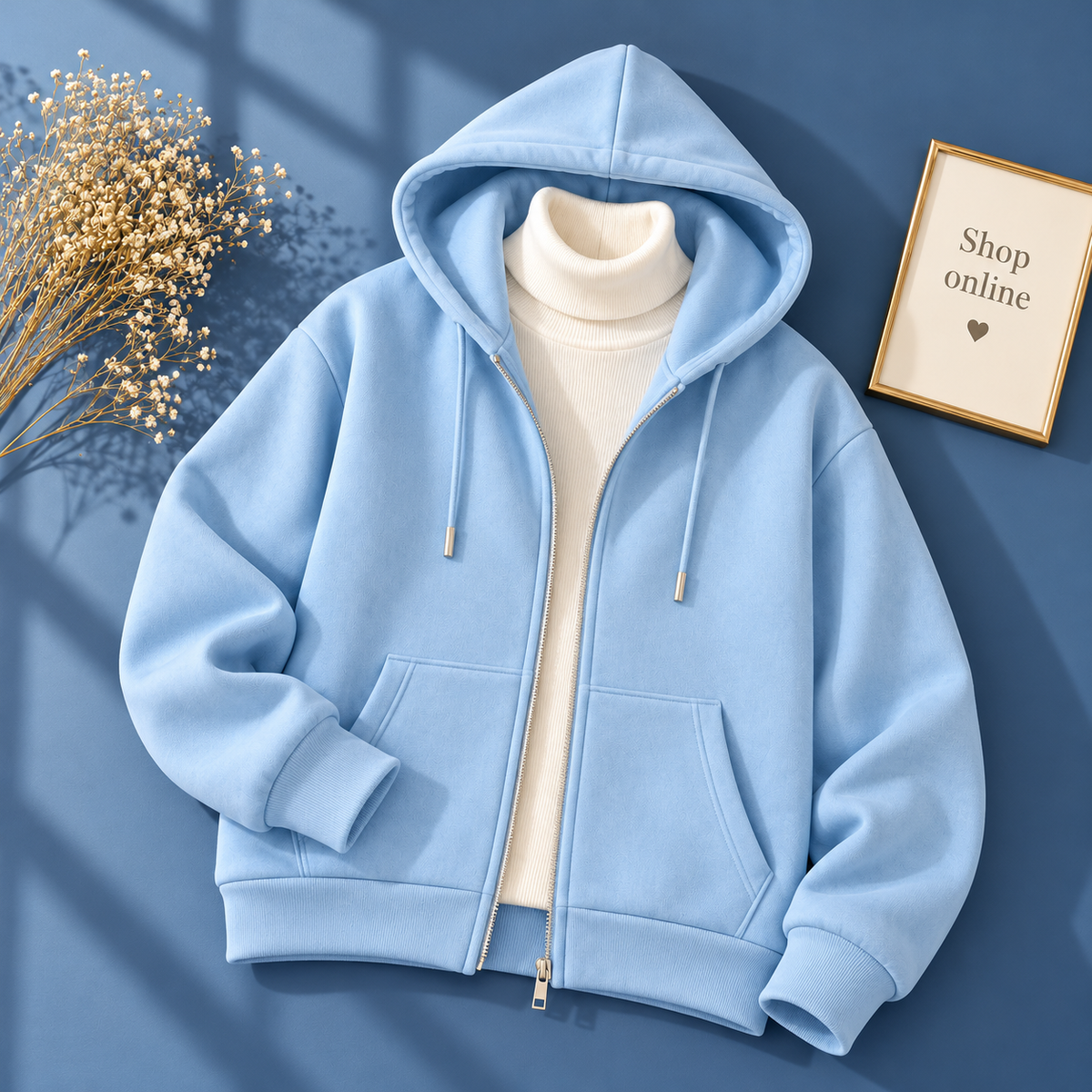 Basic Sky blue Zipper Hoodie With White Highneck