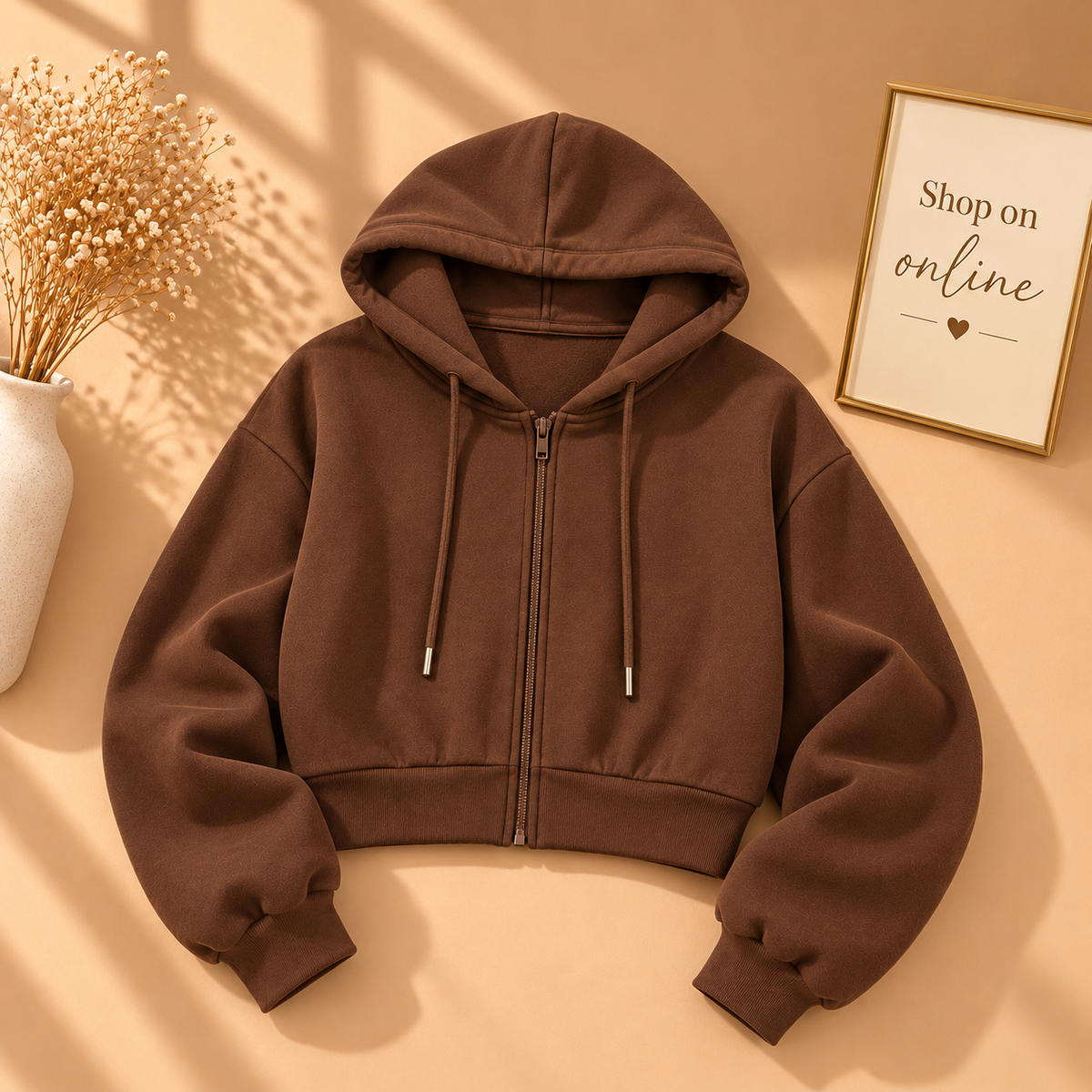 Basic Brown Zipper Crop Hoodie