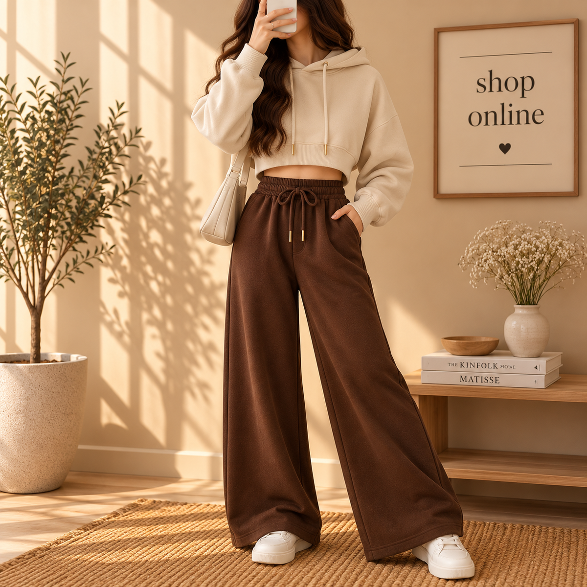 Basic Beige Crop Hoodie With Brown Flapper