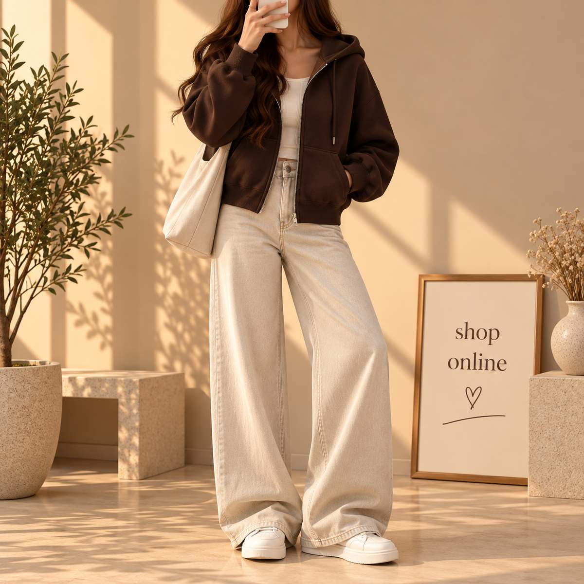Basic Dark Brown Zipper Hoodie With Beige Wide Leg Jeans