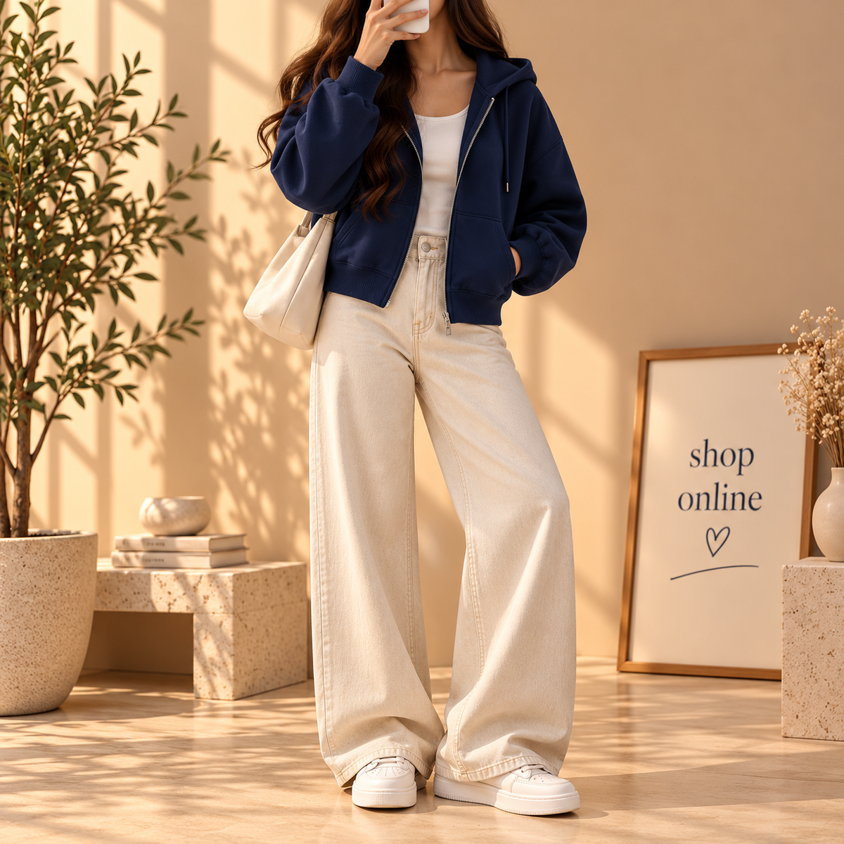 Basic Navy Blue Zipper Hoodie With Beige Wide Leg Jeans
