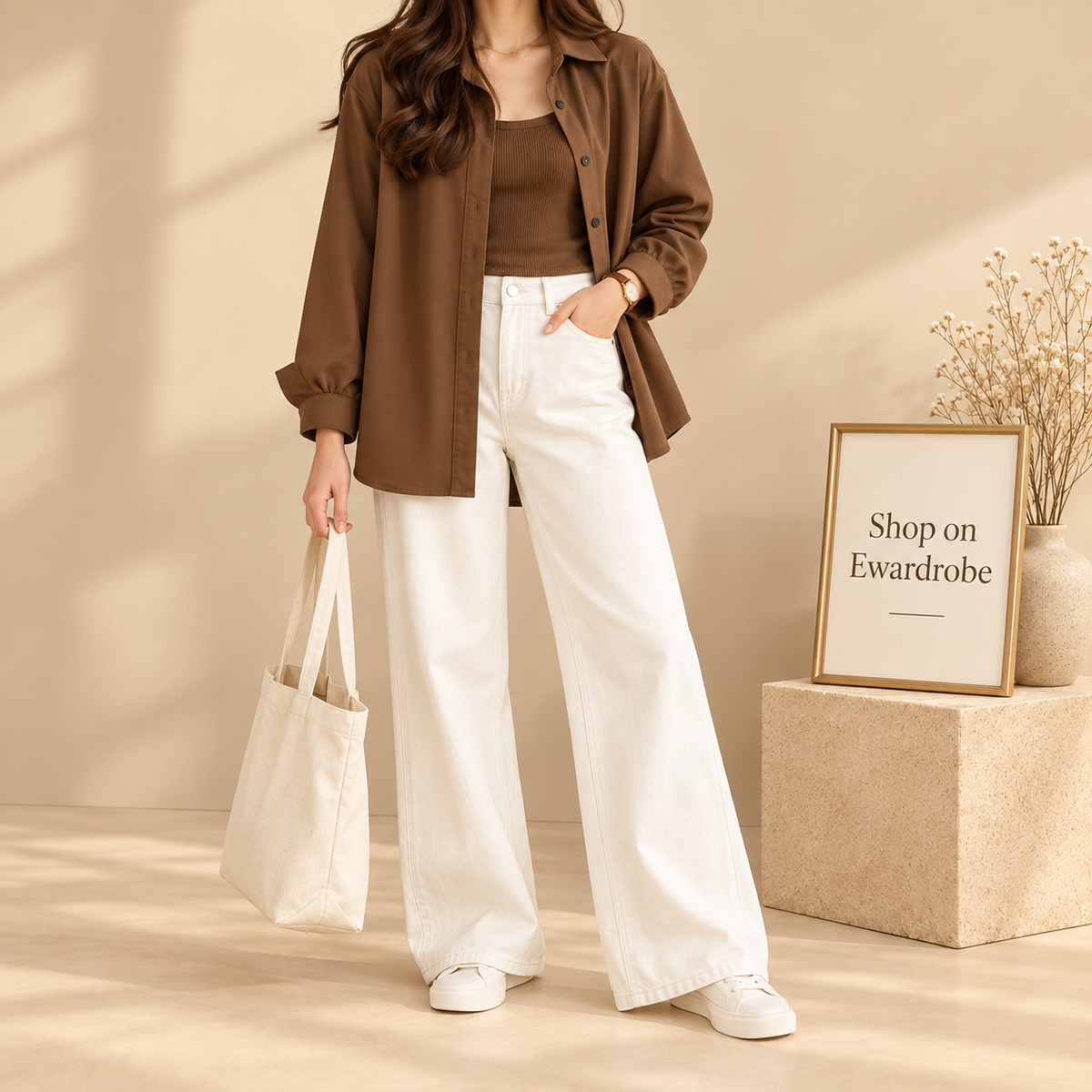 Coffee Brown Button Down Shirt with White Wide Leg Jeans