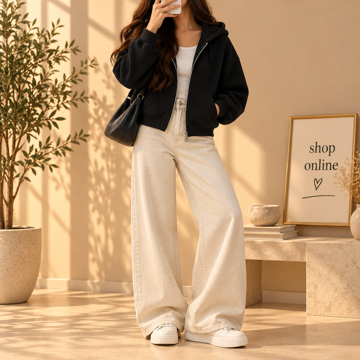 Basic Black Zipper Hoodie With Beige Wide Leg Jeans