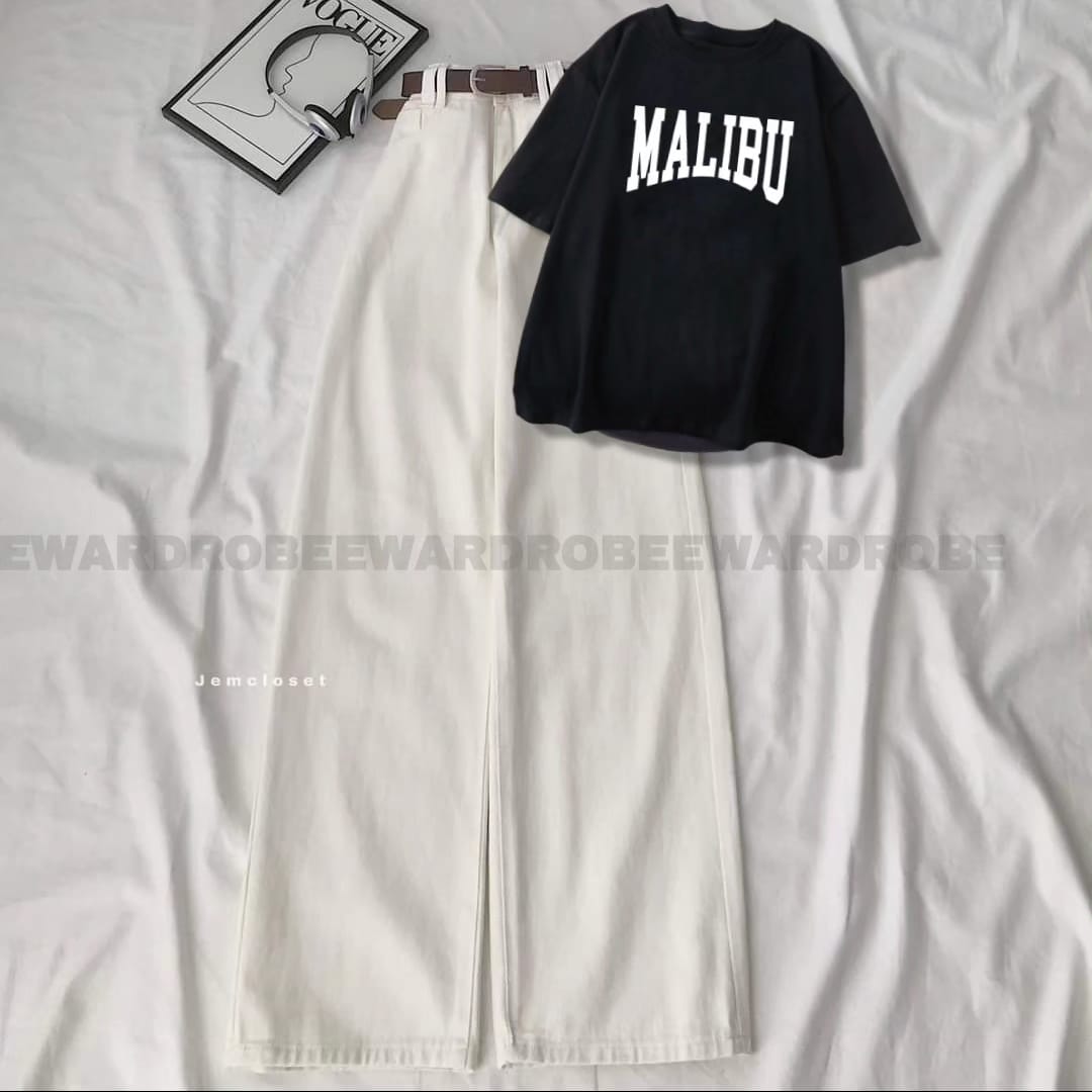 BLACK MALIBU TEE WITH WHITE WIDE LEG JEANS