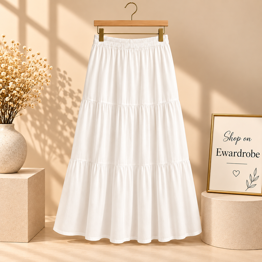 White 3 Tier Twill Long Skirt