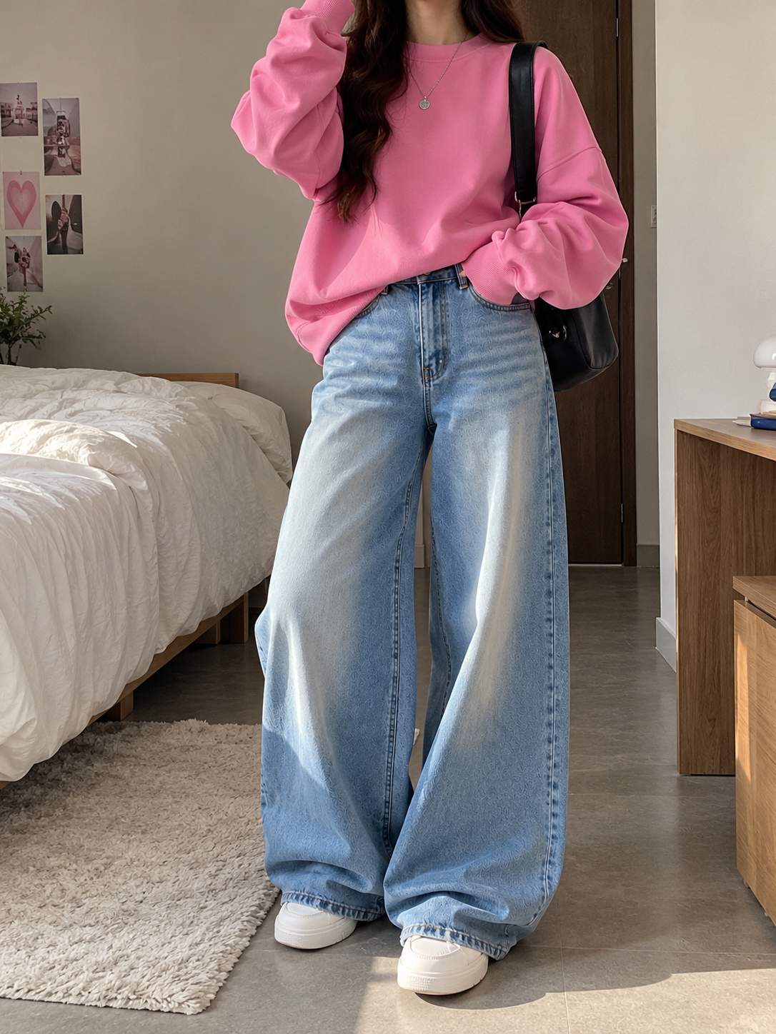 Pink Sweatshirt With Ice Blue Vintage Faded Jeans
