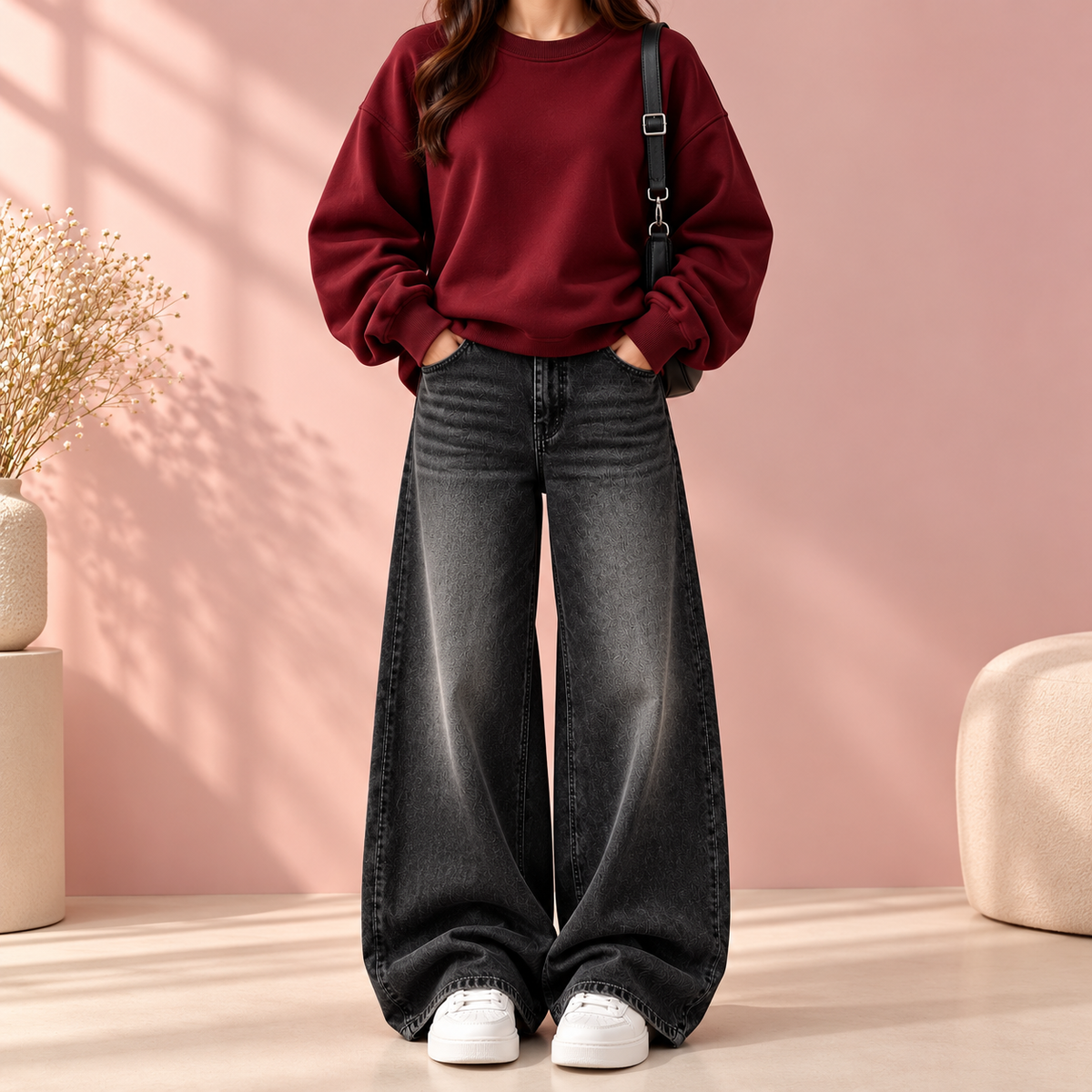 Maroon Sweatshirt With Black Vintage Faded Jeans