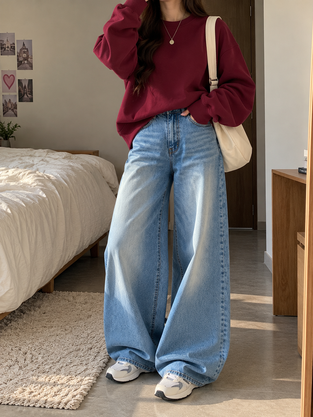 Maroon Sweatshirt With Ice Blue Vintage Faded Jeans