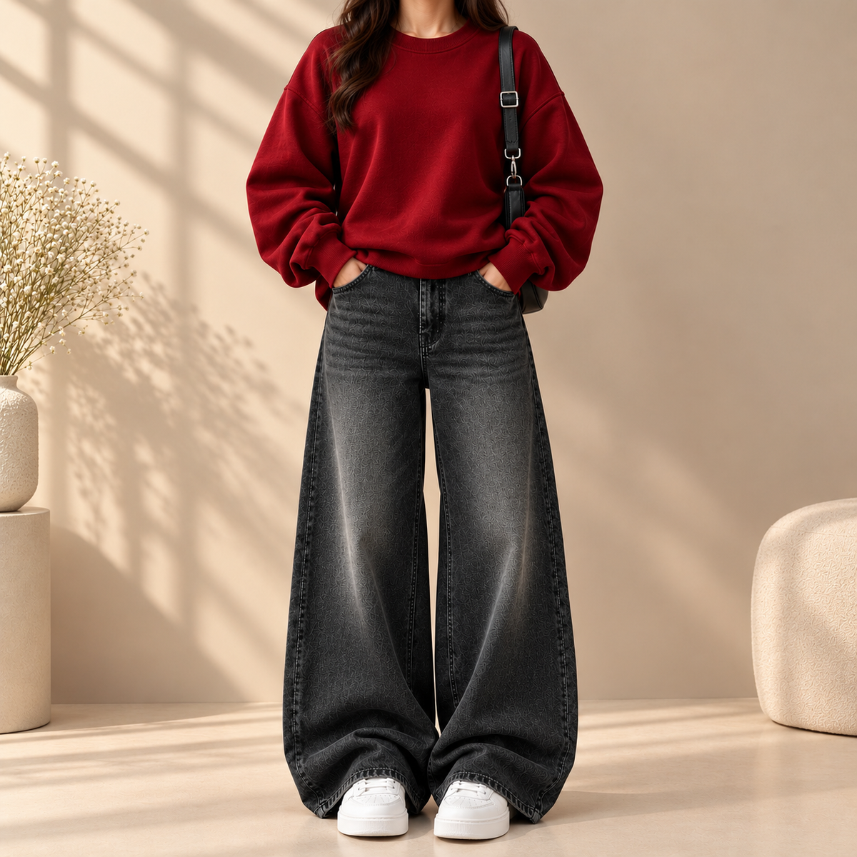 Red Sweatshirt With Black Vintage Faded Jeans