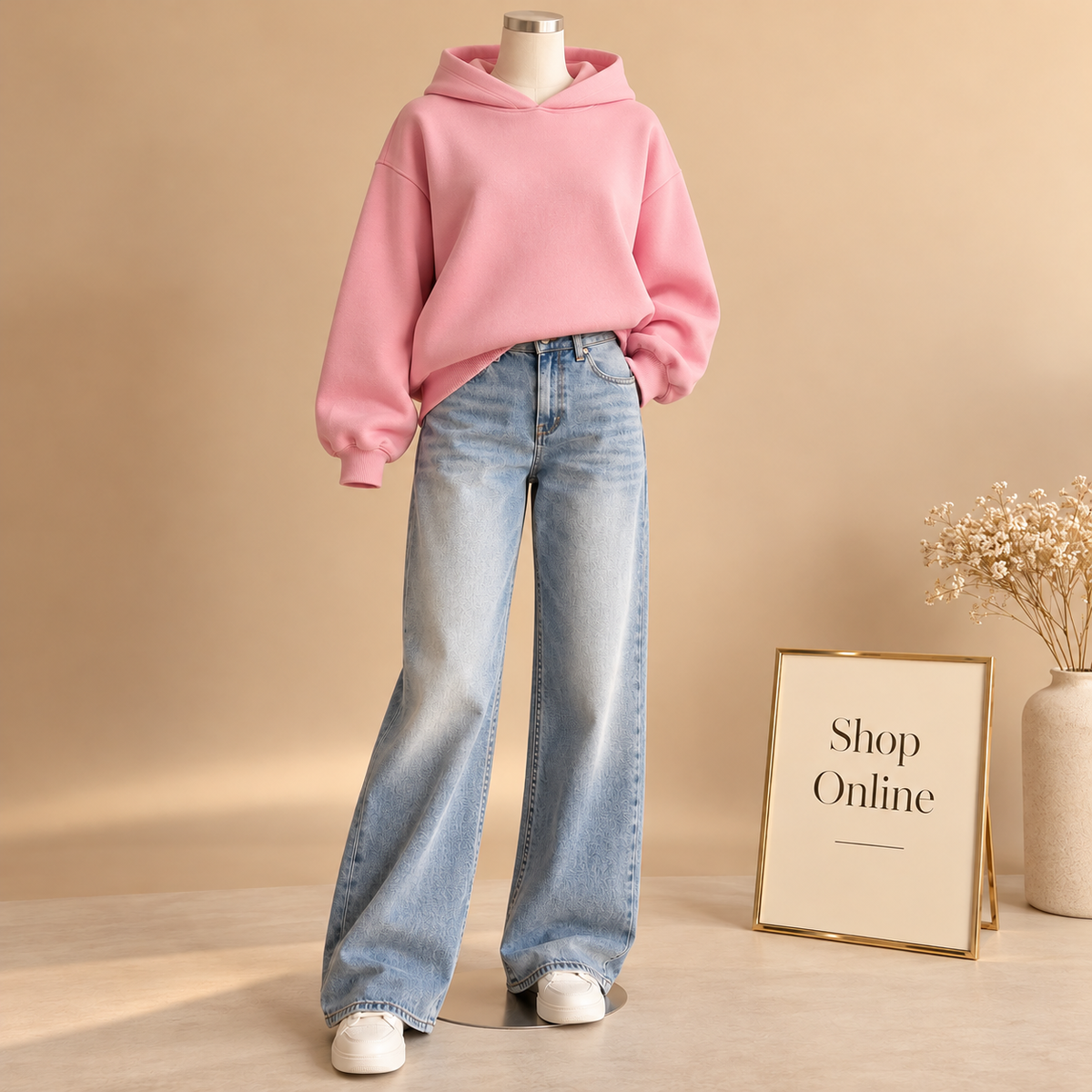 Pink Hoodie With Ice Blue Vintage Faded Jeans