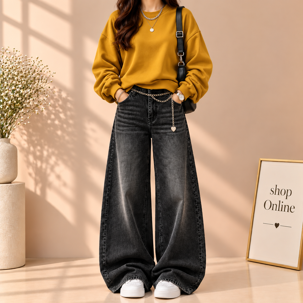 Mustard Sweatshirt With Black Vintage Faded Jeans