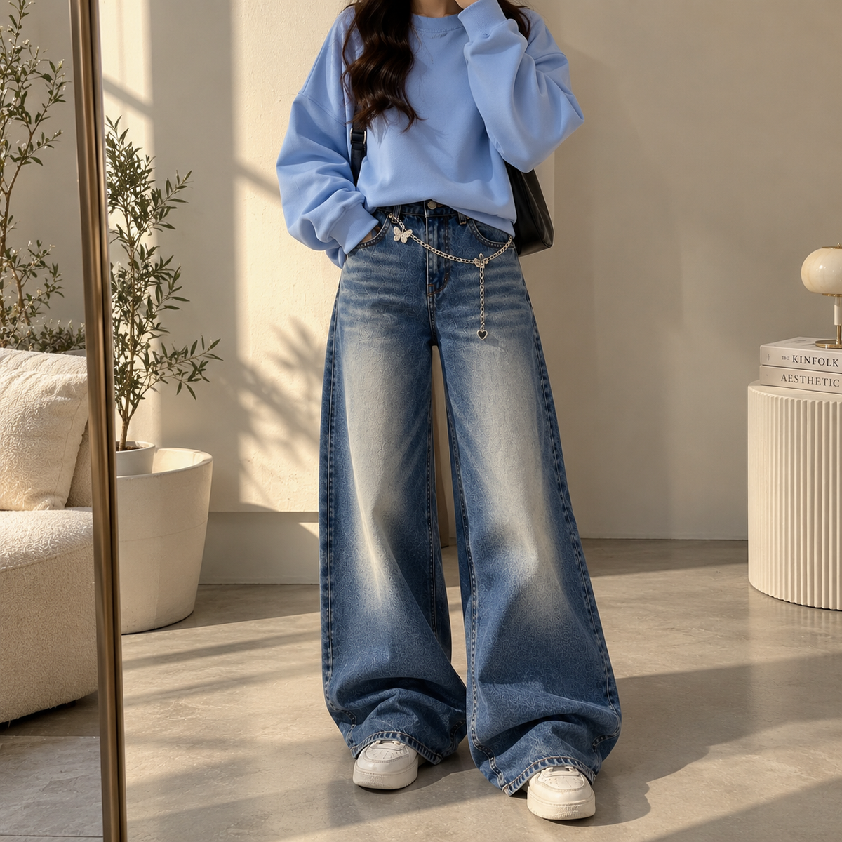 Sky Blue Sweatshirt With Sky Blue Vintage Faded Jeans
