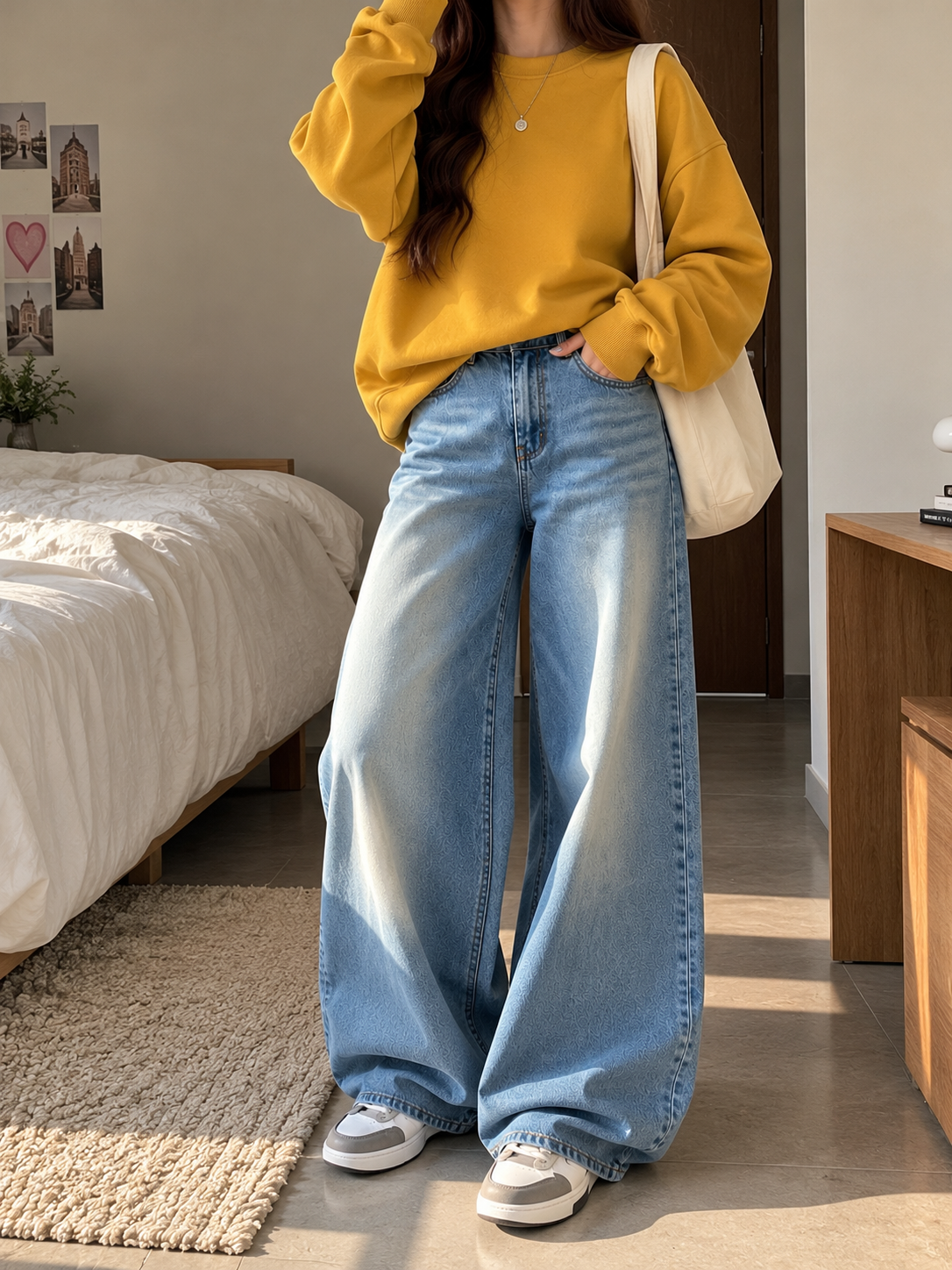 Mustard Sweatshirt With Ice Blue Vintage Faded Jeans