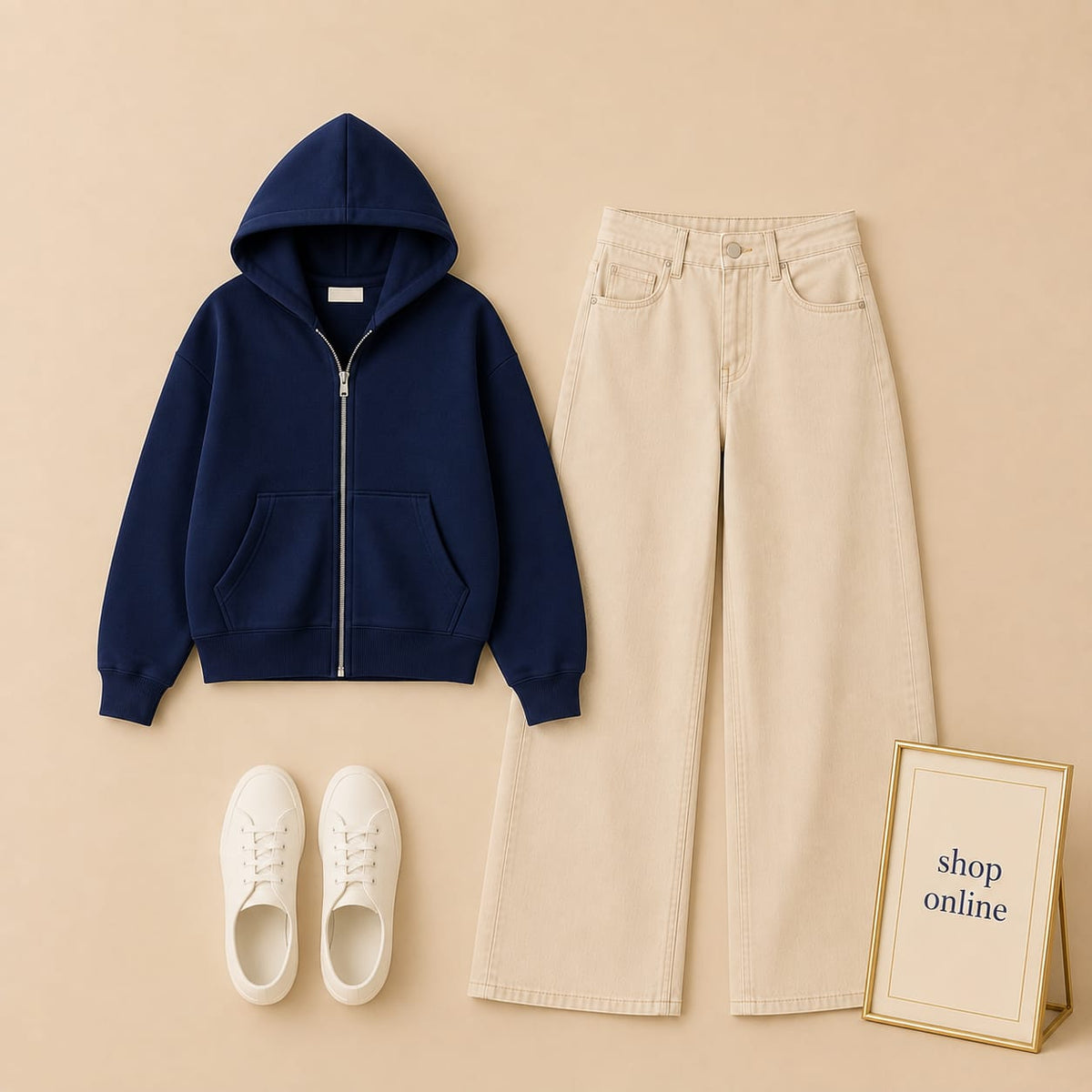 Basic Navy Blue Zipper Hoodie With Beige Wide Leg Jeans