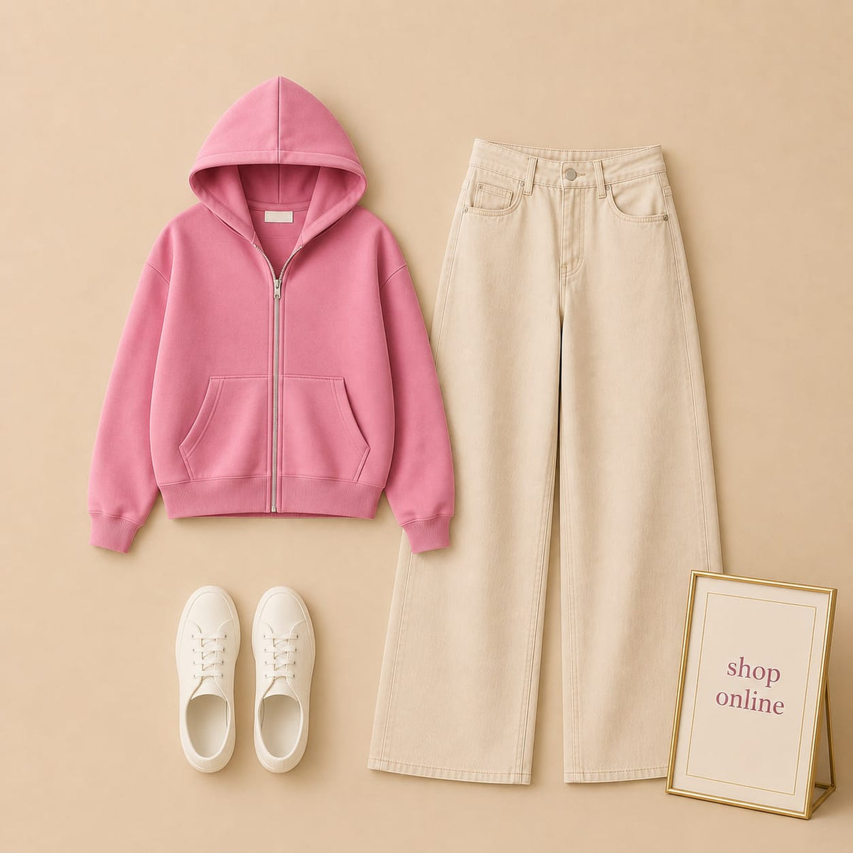Basic Pink Zipper Hoodie With Beige Wide Leg Jeans