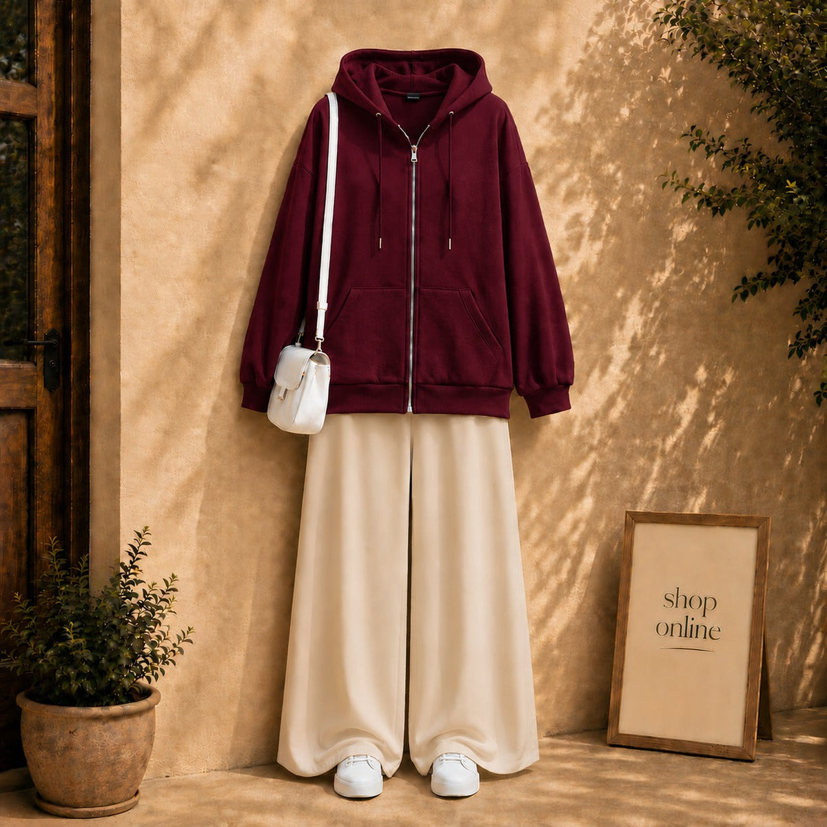 Basic Maroon Zipper Hoodie with Beige Flapper