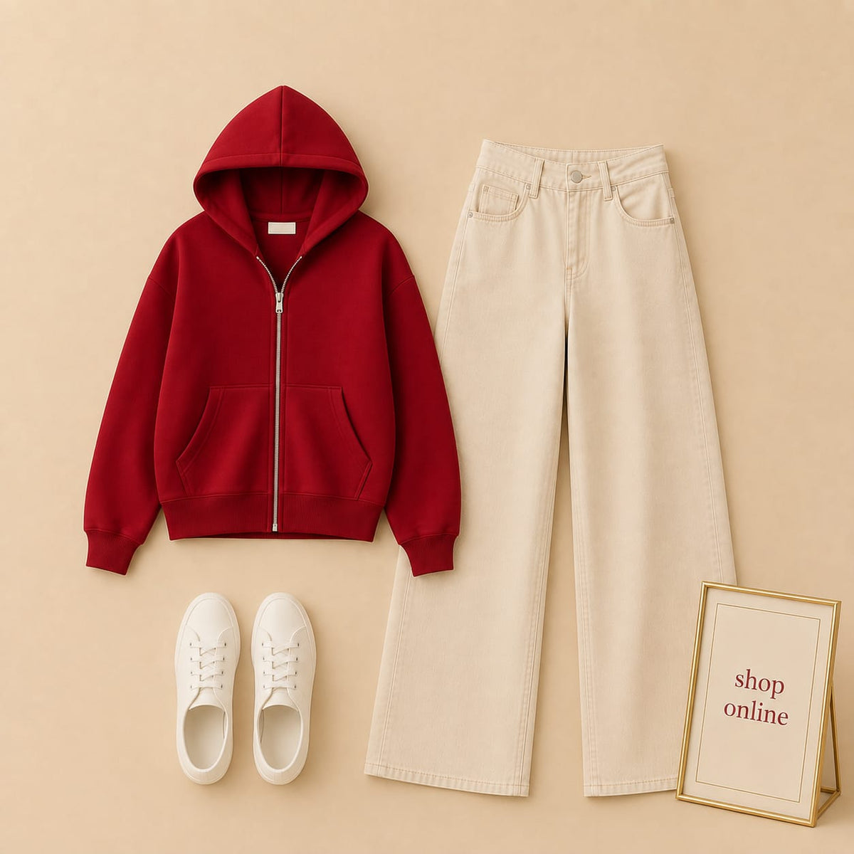 Basic Red Zipper Hoodie With Beige Wide Leg Jeans