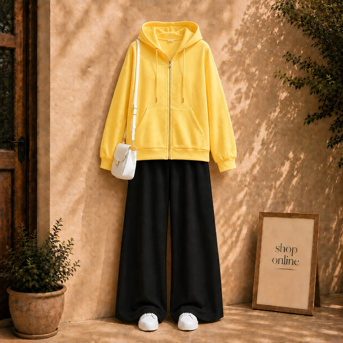 Basic Yellow Zipper Hoodie with Black Flapper