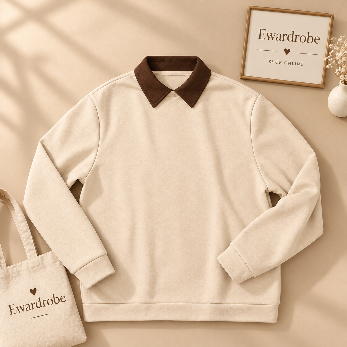 Beige Sweatshirt With Brown Collar