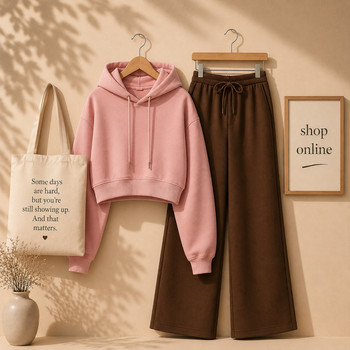 Basic Pink Crop Hoodie With Brown Flapper