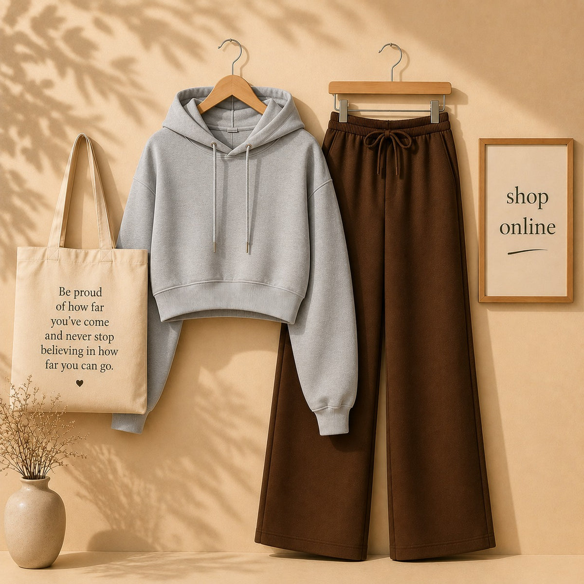 Basic Grey Crop Hoodie With Brown Flapper