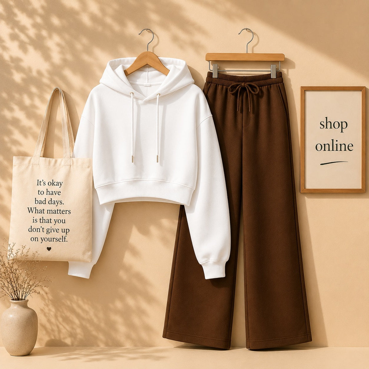 Basic White Crop Hoodie With Brown Flapper