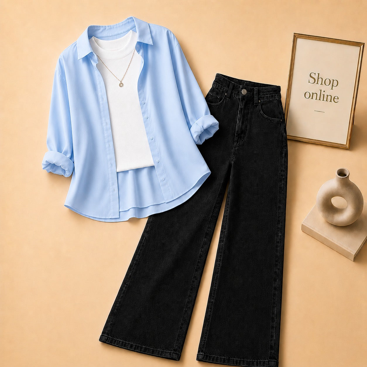 LIGHT BLUE BUTTON DOWN SHIRT WITH WHITE TANKTOP AND BLACK WIDE LEG JEANS