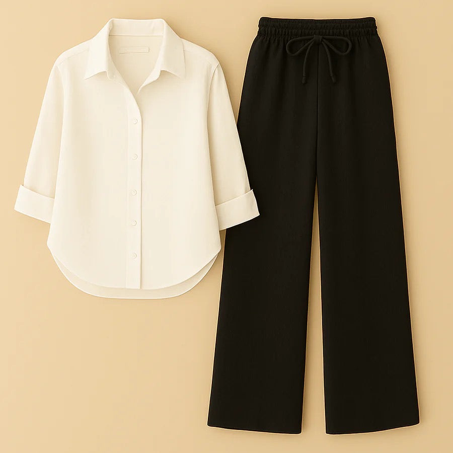 WHITE BUTTON SHIRT WITH BLACK FLAPPER