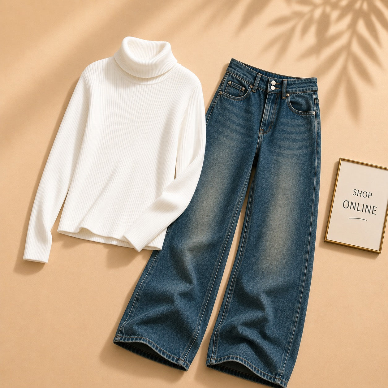 WHITE HIGHNECK WITH DARKISH BLUE WIDE LEG JEANS