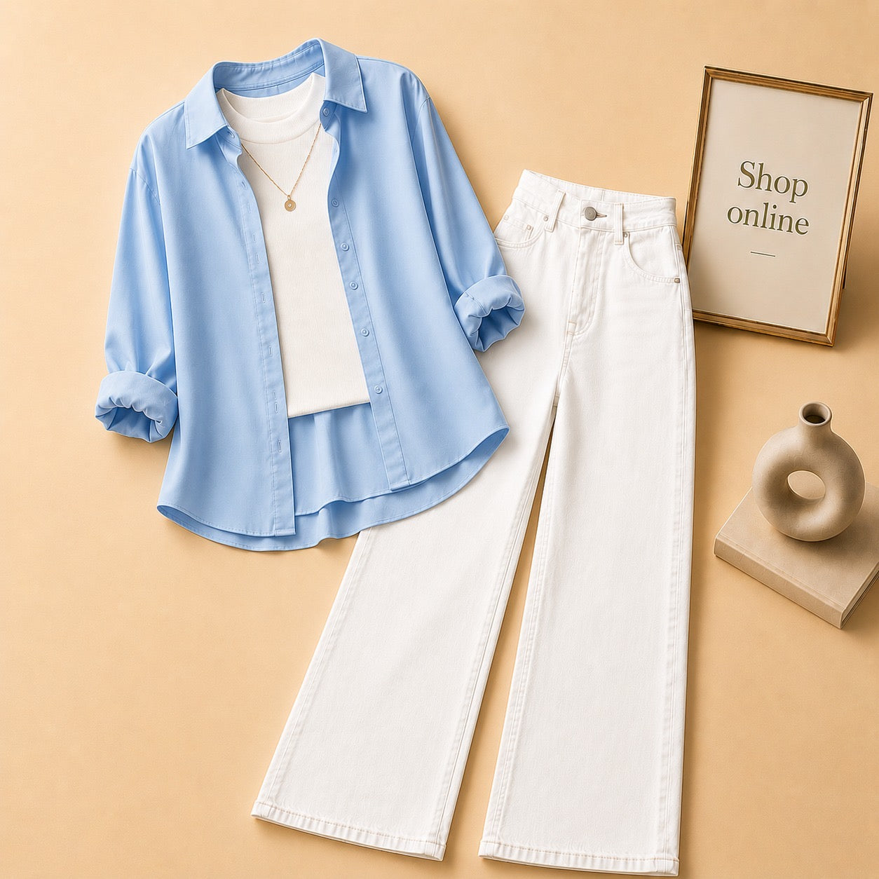 LIGHT BLUE BUTTON DOWN SHIRT WITH WHITE TANKTOP AND WHITE WIDE LEG JEANS