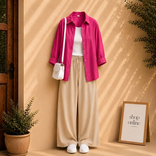 SHOCKING PINK BUTTON DOWN SHIRT WITH WHITE TANKTOP AND BEIGE FLAPPER
