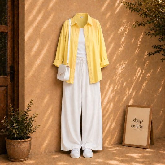 LIME YELLOW BUTTON DOWN SHIRT WITH WHITE TANKTOP AND WHITE FLAPPER