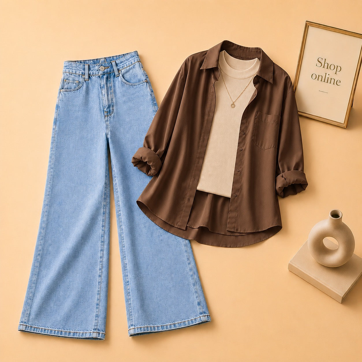 BROWN BUTTON DOWN SHIRT WITH BEIGE TANKTOP AND ICE BLUE WIDE LEG JEANS