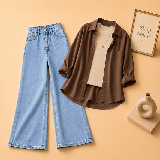 BROWN BUTTON DOWN SHIRT WITH BEIGE TANKTOP AND ICE BLUE WIDE LEG JEANS
