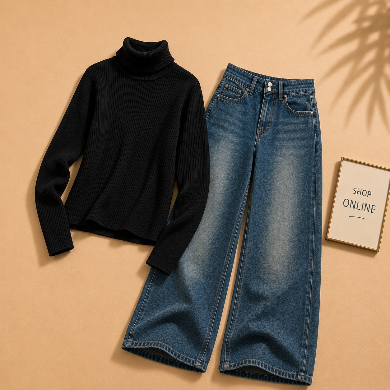 BLACK HIGHNECK WITH DARKISH BLUE WIDE LEG JEANS