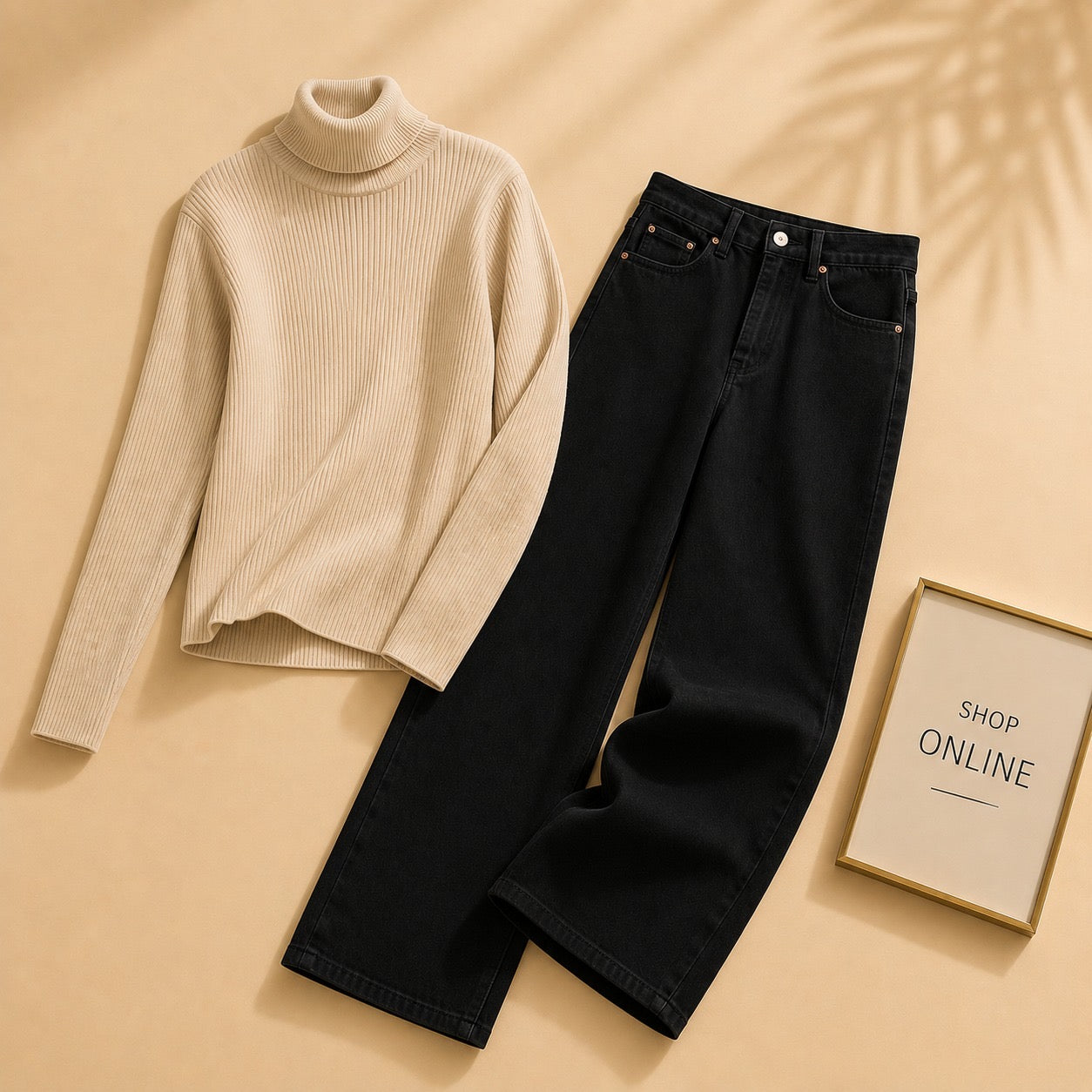 BEIGE HIGHNECK WITH BLACK WIDE LEG JEANS